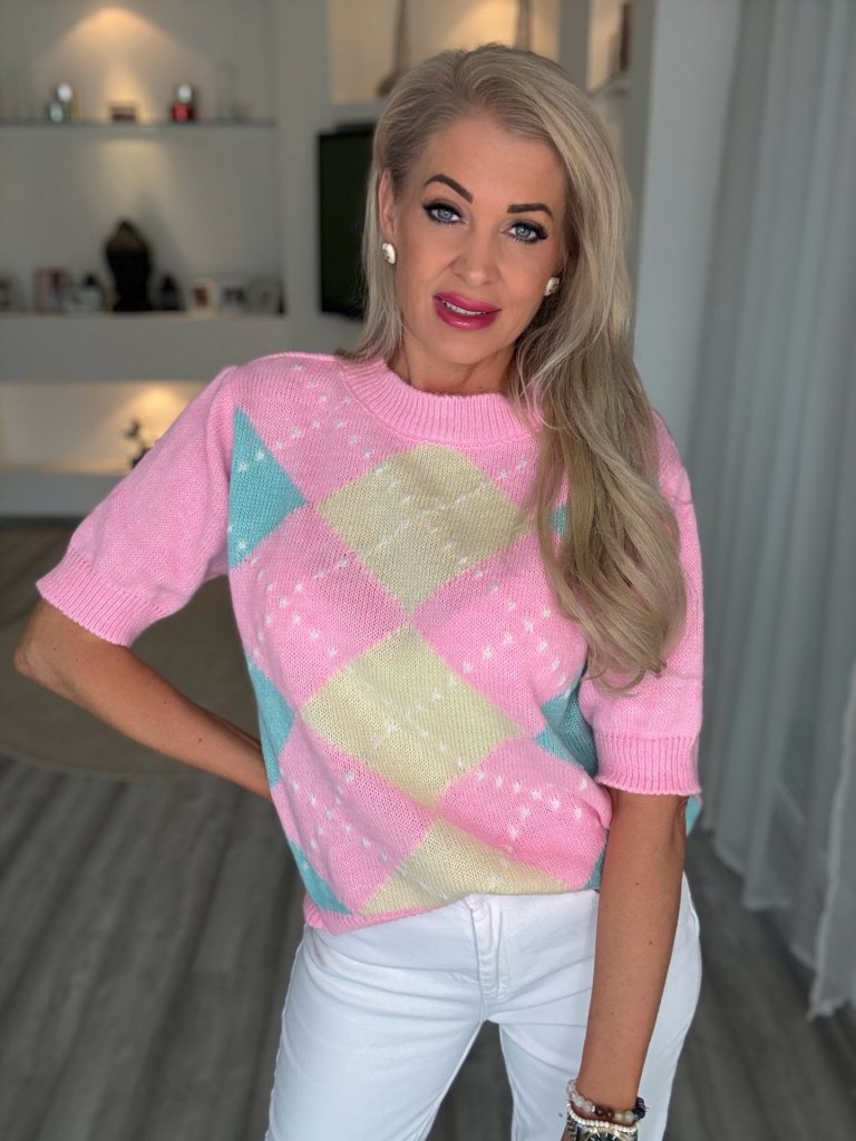 KOCKÁS kötött pulcsi rózsaszín 