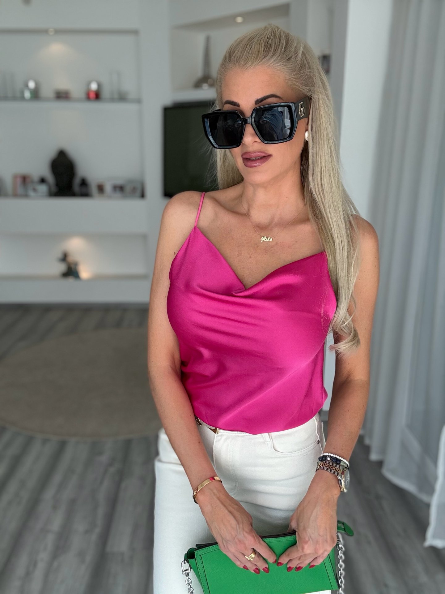 SATEN pántos felső pink 