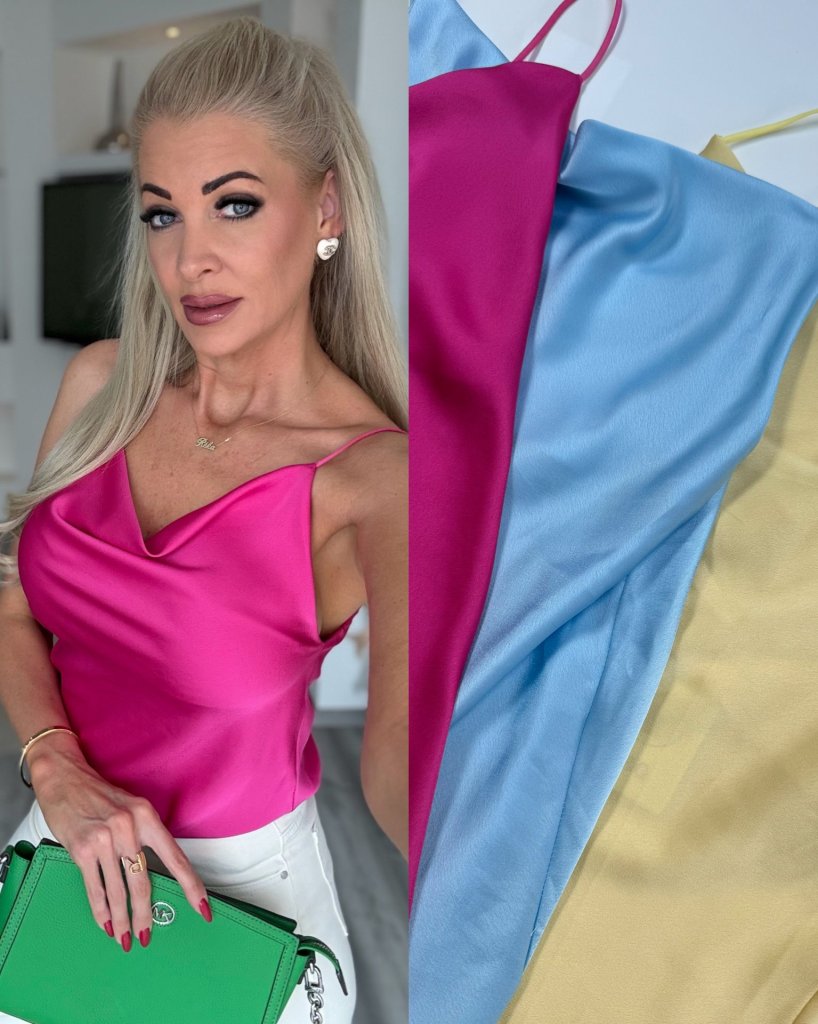 SATEN pántos felső pink 