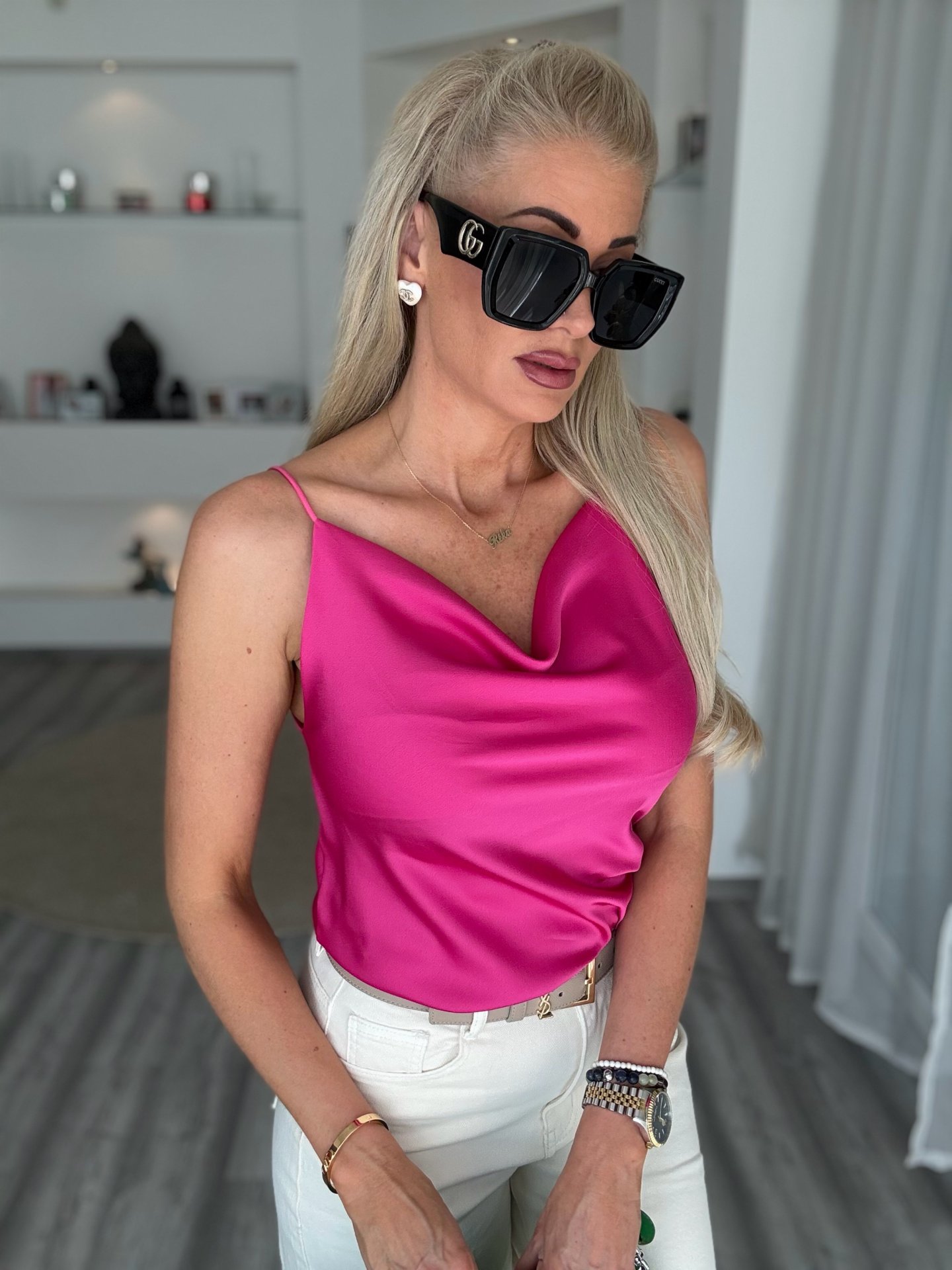 SATEN pántos felső pink 