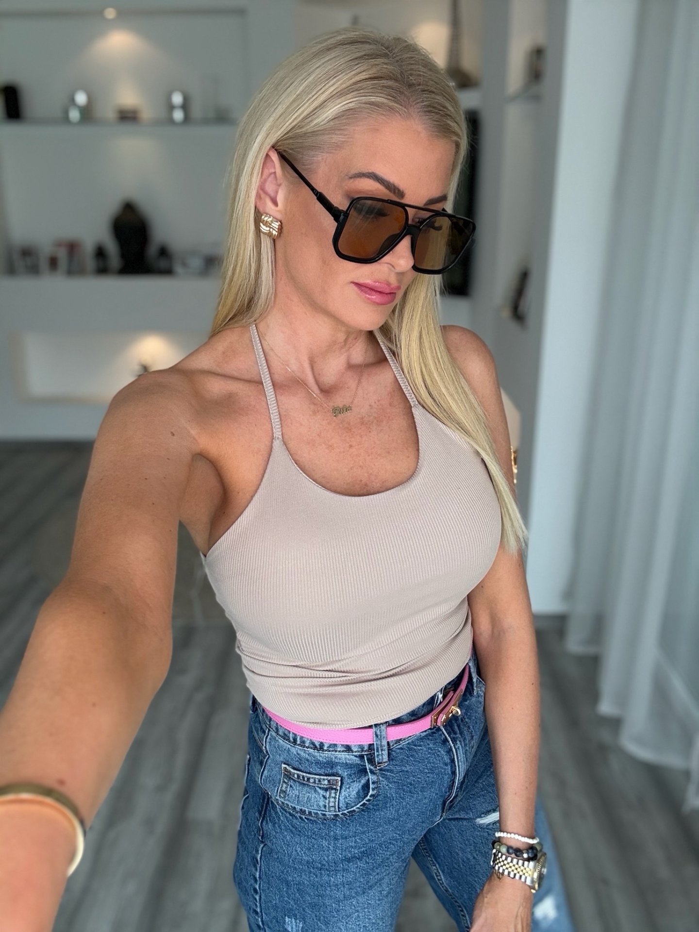 NAYA bordázott top bézs