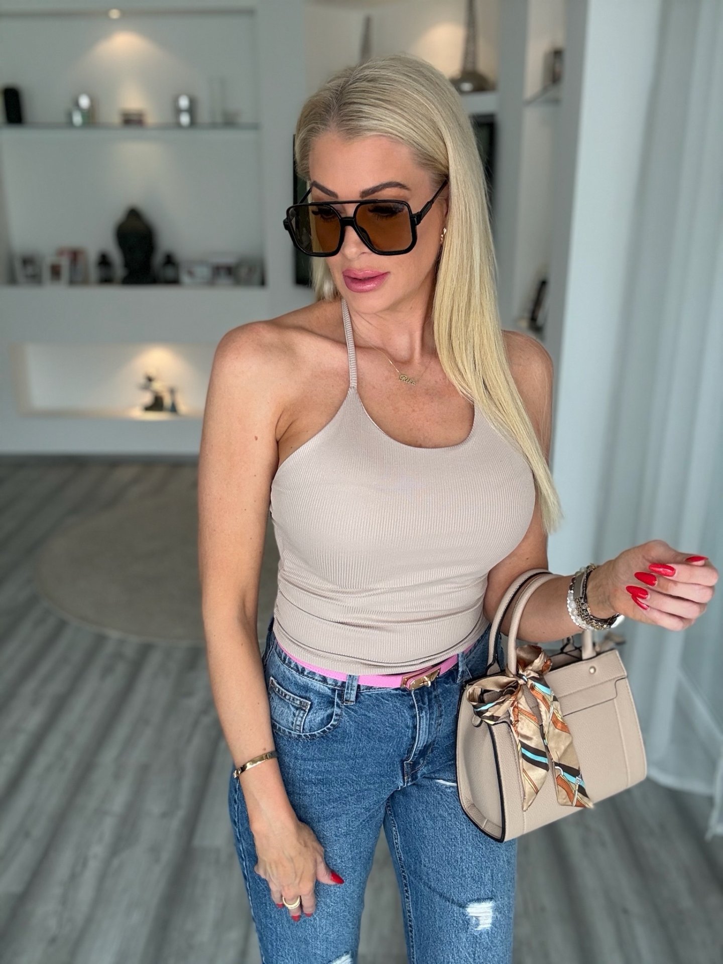 NAYA bordázott top bézs