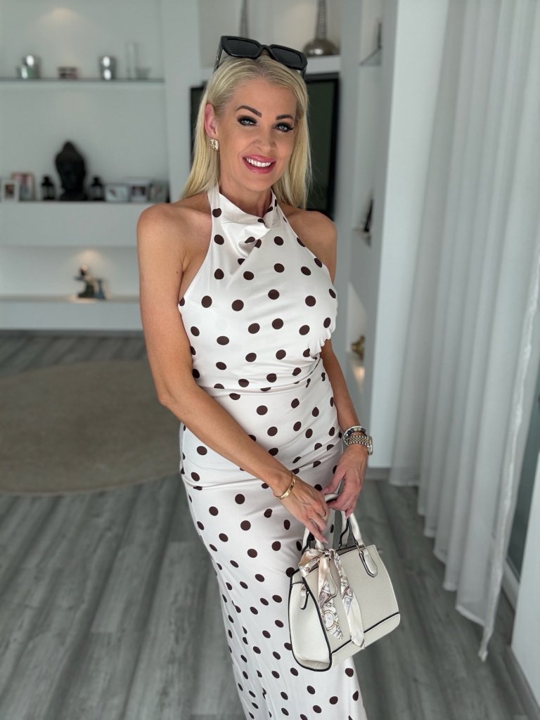 SELENA nyakba kötős ruha pöttyös bézs 