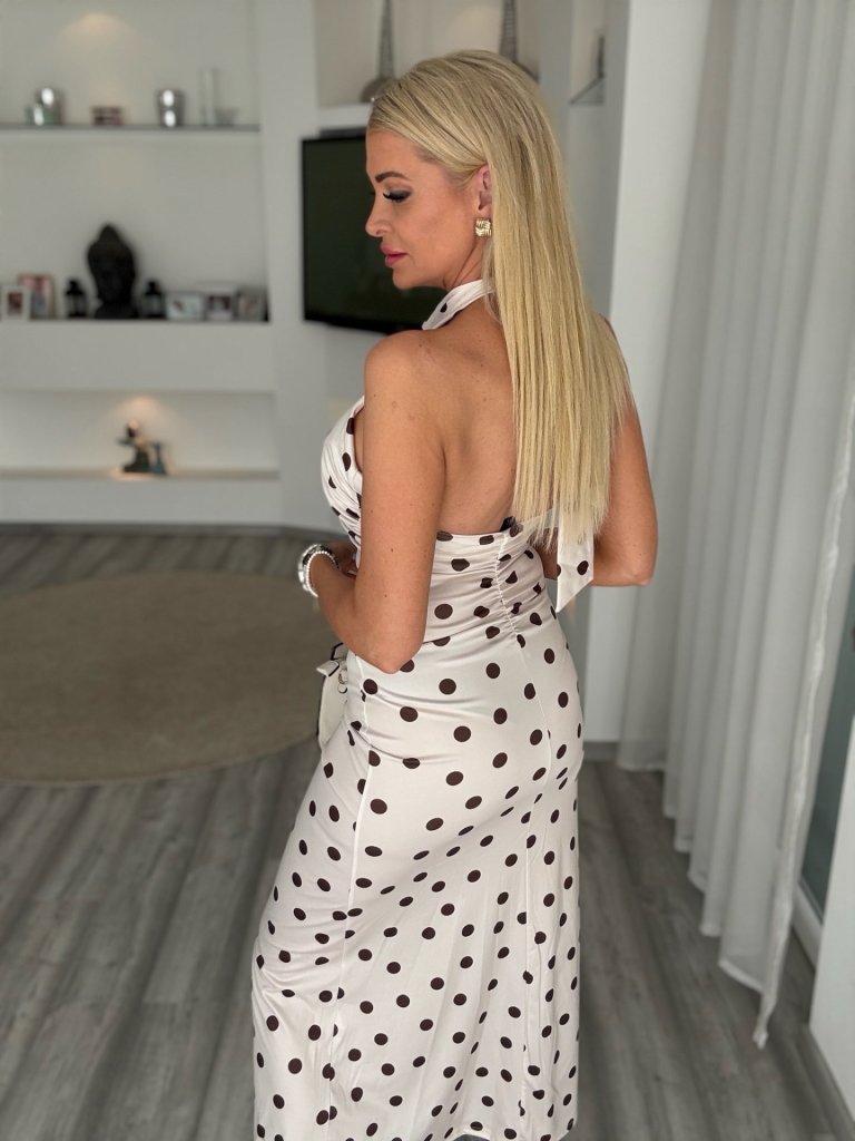 SELENA nyakba kötős ruha pöttyös bézs 