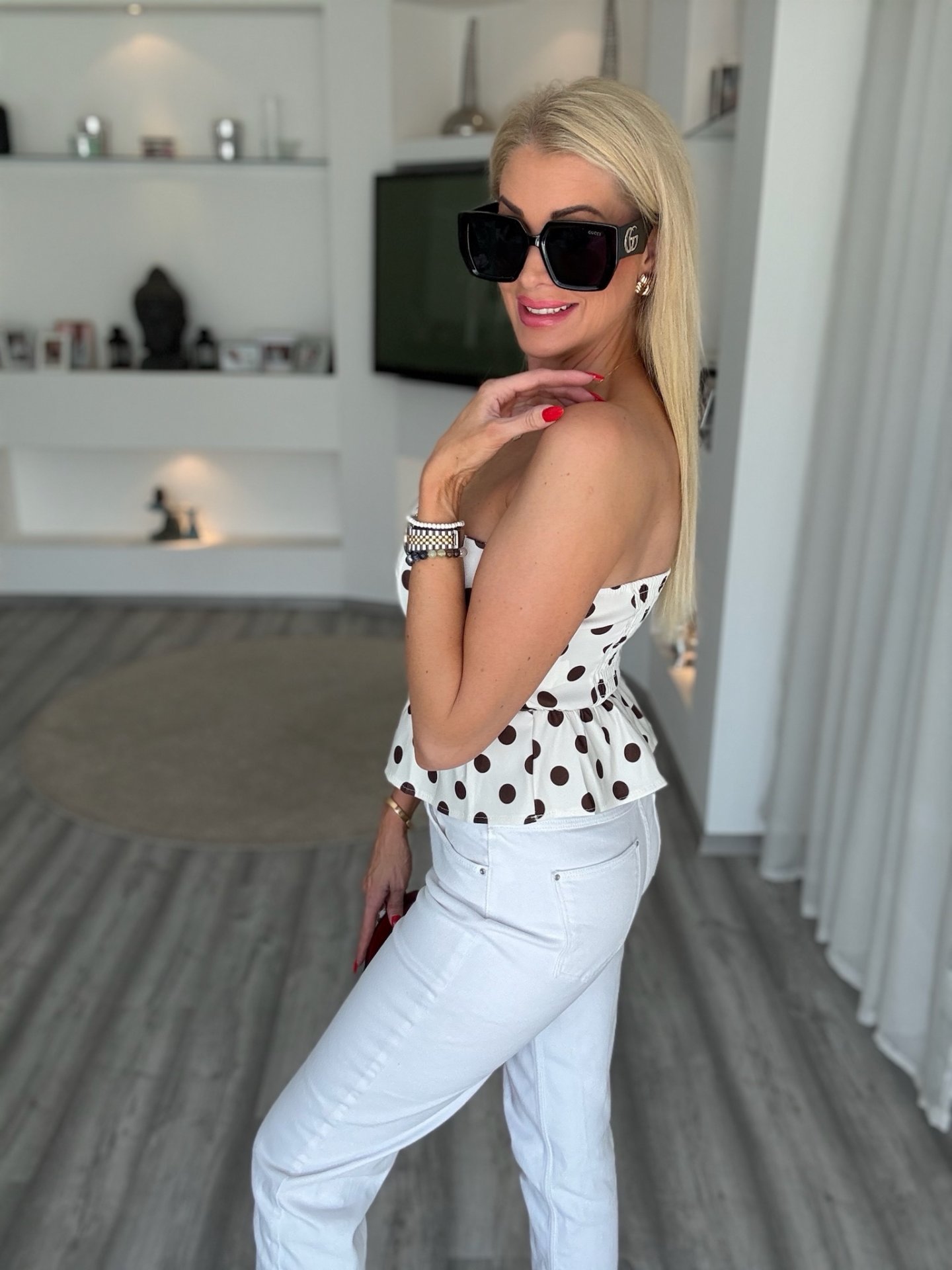 ROSY peplumos felső pöttyös fehér-barna