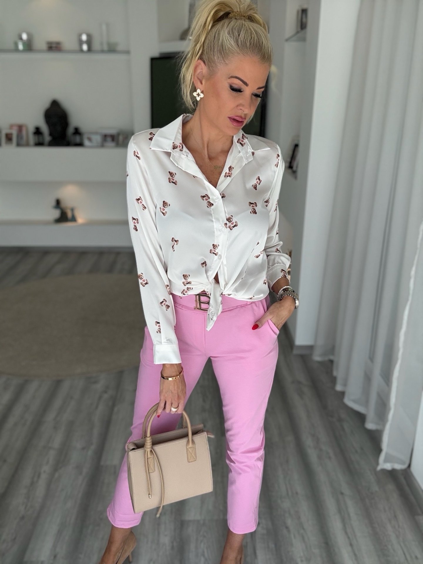 BLONDY nadrág rózsaszín övvel 