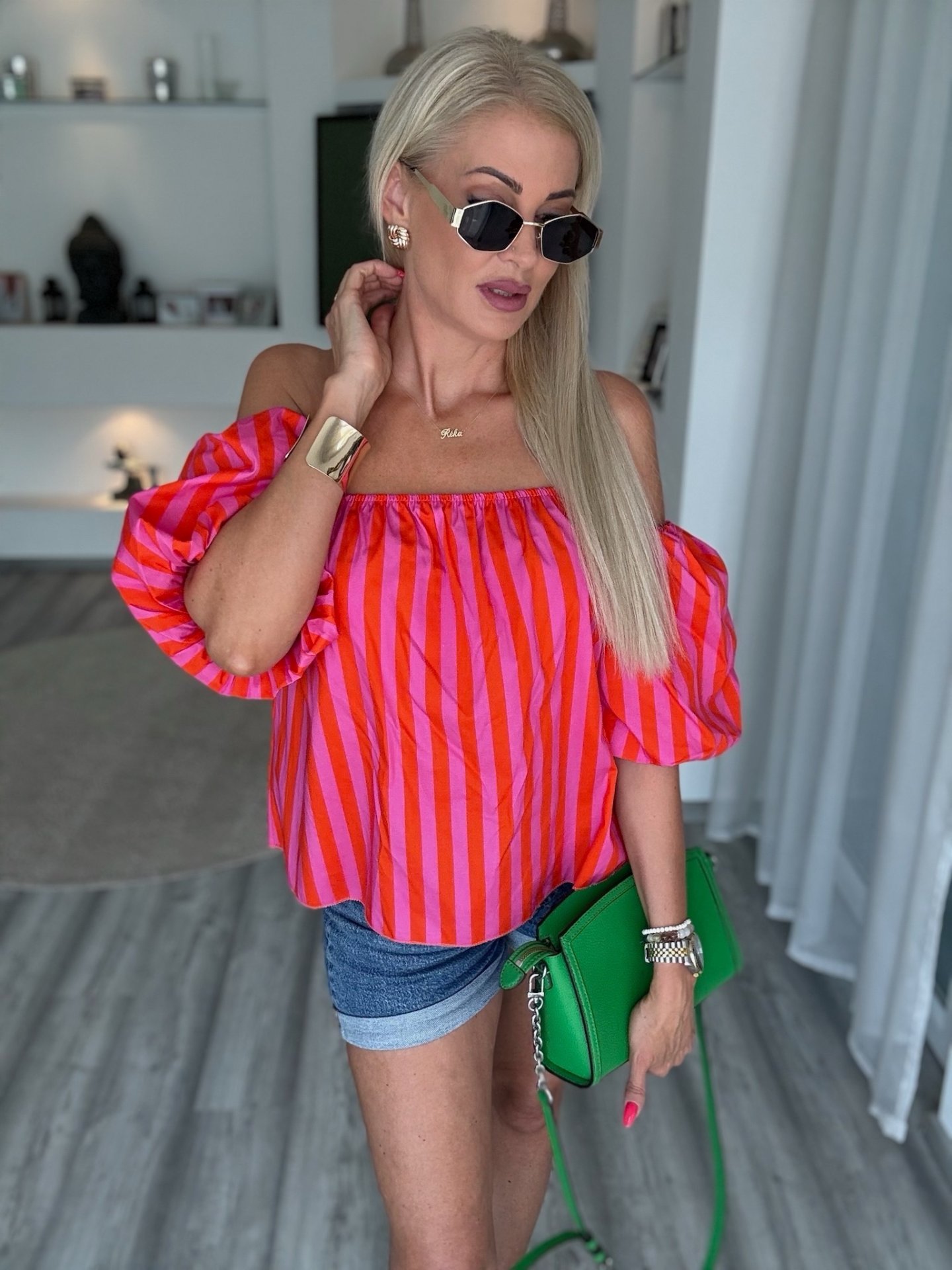 TINA puffos ujjú felső piros-pink