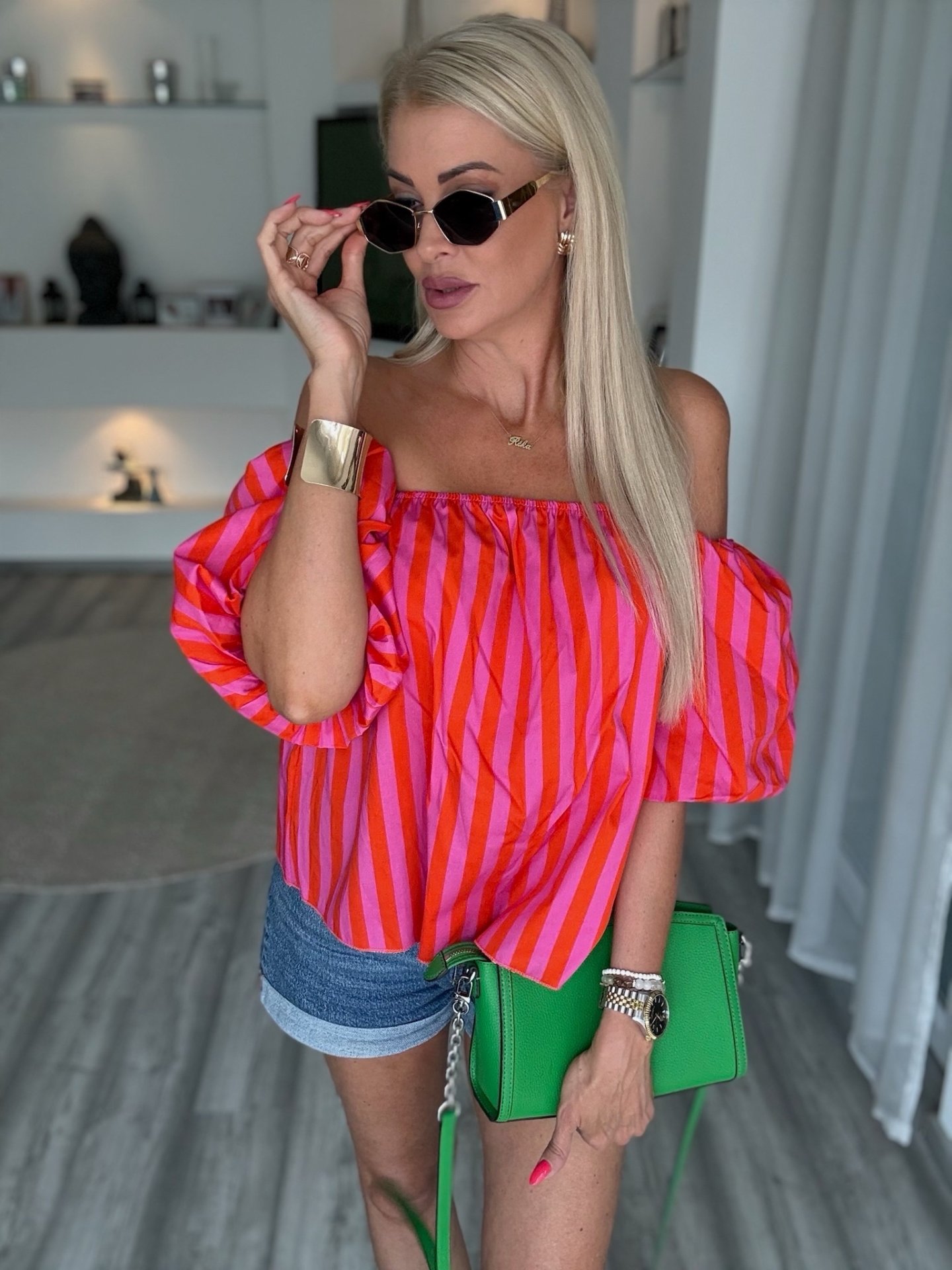 TINA puffos ujjú felső piros-pink