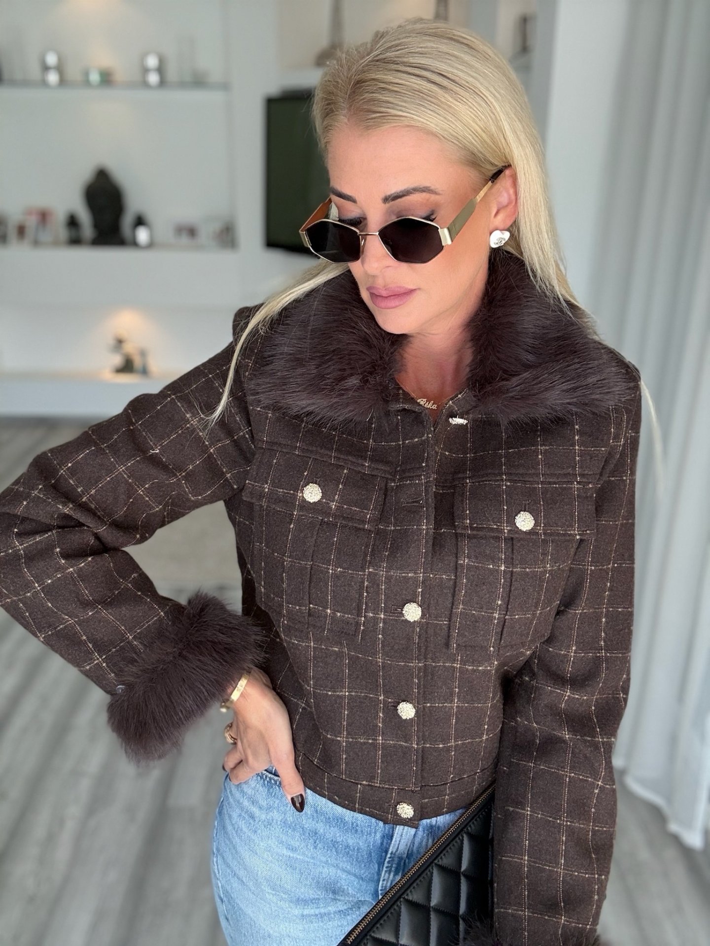 KENSINGTON tweed kabát csokoládé